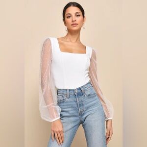 Lulus Deluxe Poise White Pearl Mesh Balloon Sleeve Top